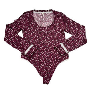 Free People Bodysuit Large Sugar Dreams Floral Thermal Knit In Wine Combo Lace